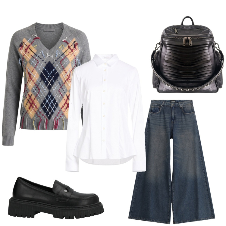 Outfit donna - Verso \'l\'autunno. Stile Casual per Tutti i giorni. Abbinamento con mocassini, camicie, maglieria, jeans, zaini.