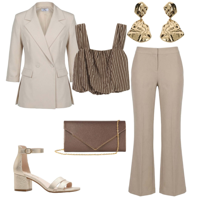 Outfit donna - Total look #2456445. Stile Chic per Serata fuori. Abbinamento con sandali col tacco, pantaloni, blazer, top, orecchini, clutch.