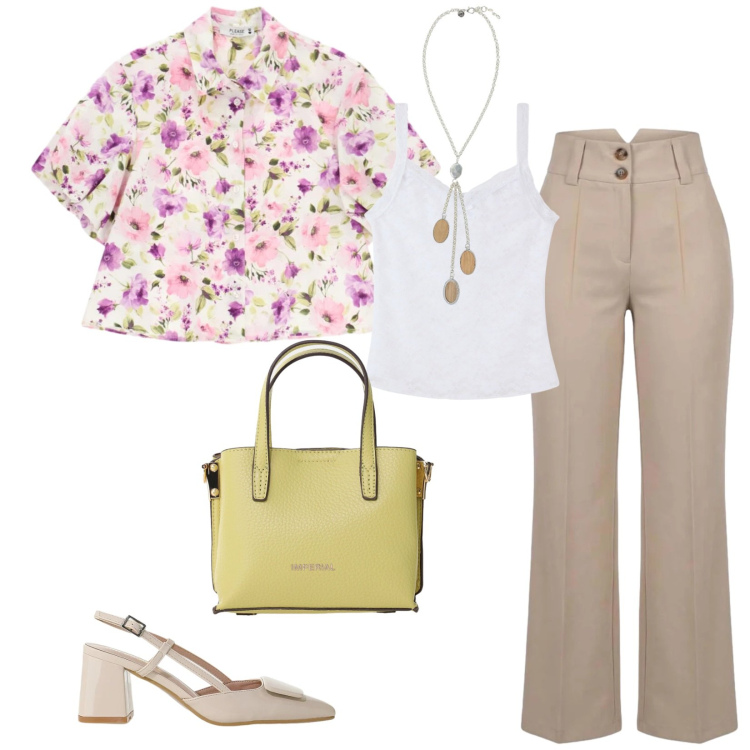 Outfit donna - Total look #2456446. Stile Casual chic per Ufficio. Abbinamento con décolleté, borse a tracolla, collane, canottiere, pantaloni, camicie a manica corta.
