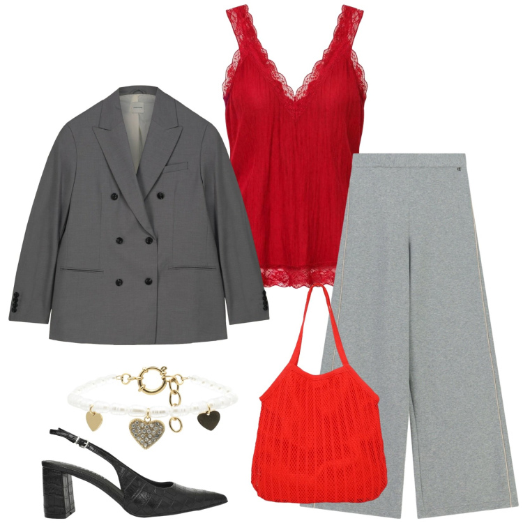 Outfit donna - Total look #2456448. Stile Casual chic per Serata fuori. Abbinamento con pantaloni a palazzo, shopping bag, décolleté, blazer, canottiere, braccialetti.