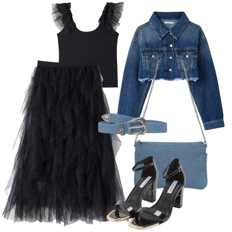 Outfit donna - Mix & Match serale Terranova. Stile Casual chic per Serata fuori. Abbinamento con borse a tracolla, cinture, sabot, gonne lunghe, canottiere, cappotti.