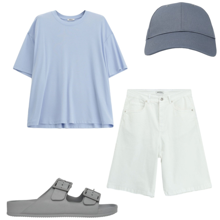 Outfit uomo - Mood vacanze. Stile Casual per Mare. Abbinamento con bermuda, t-shirt, cappelli con visiera, sandali.