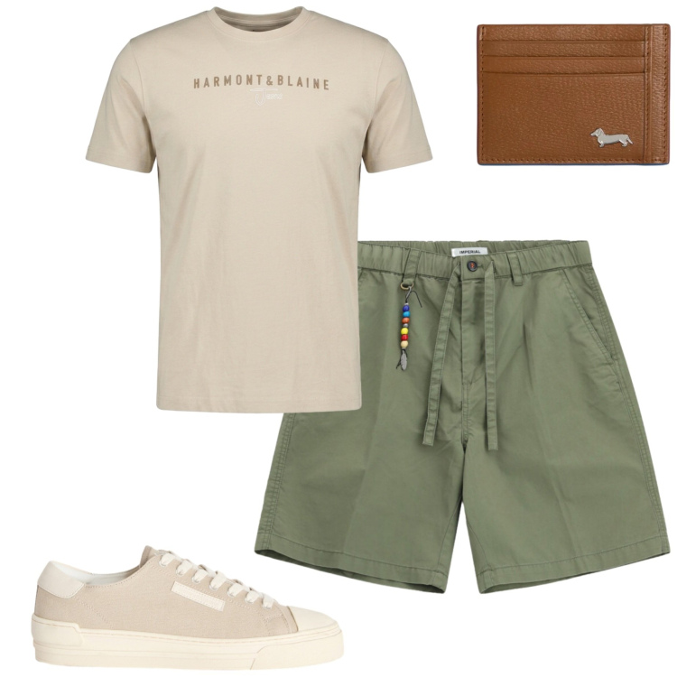 Outfit uomo - Agosto. Stile Casual per Tutti i giorni. Abbinamento con sneakers, t-shirt, portafogli, bermuda.