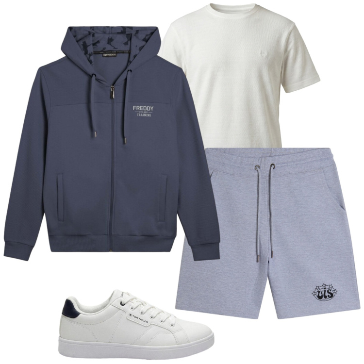 Outfit uomo - Temporale di agosto. Stile Casual per Tutti i giorni. Abbinamento con sneakers, t-shirt, felpe con cappuccio, bermuda.