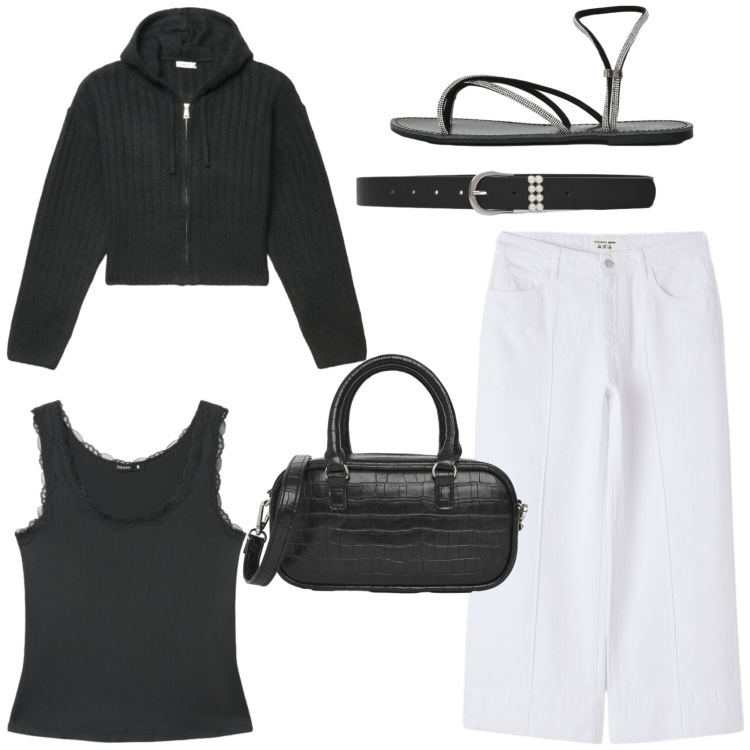 Outfit donna - Verso settembre sporty chic. Stile Sporty chic per Tutti i giorni. Abbinamento con pantaloni, cardigans, cinture, borse a tracolla, canottiere, sandali.