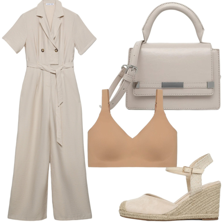 Outfit donna - Ritorno in ufficio. Stile Casual chic per Tutti i giorni. Abbinamento con tute, borse a tracolla, zeppe, reggiseni.