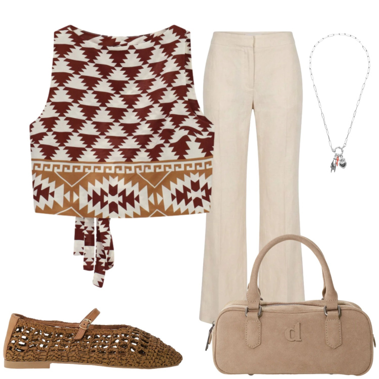 Outfit donna - Total look #2456472. Stile Casual chic per Tutti i giorni. Abbinamento con ciondoli, borse a mano, top, ballerine, pantaloni.