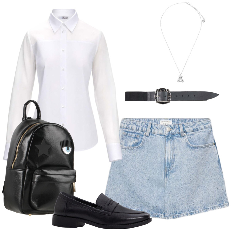 Outfit donna - Total look #2456473. Stile Casual chic per Tutti i giorni. Abbinamento con zaini, mocassini, shorts, cinture, camicie, ciondoli.