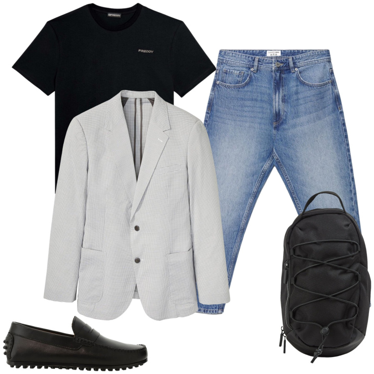 Outfit uomo - Total look #2456476. Stile Casual per Tutti i giorni. Abbinamento con giacche, scarpe stringate, jeans, borse sportive, t-shirt.