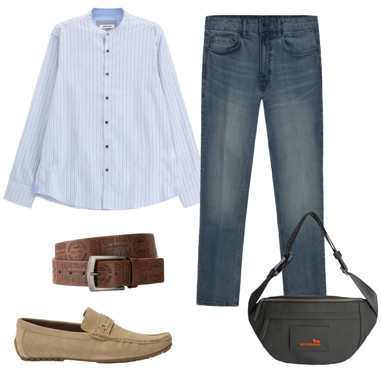 Outfit uomo - Total look #2456484. Stile Urban per Tutti i giorni. Abbinamento con cinture, scarpe stringate, borse sportive, camicie, jeans.