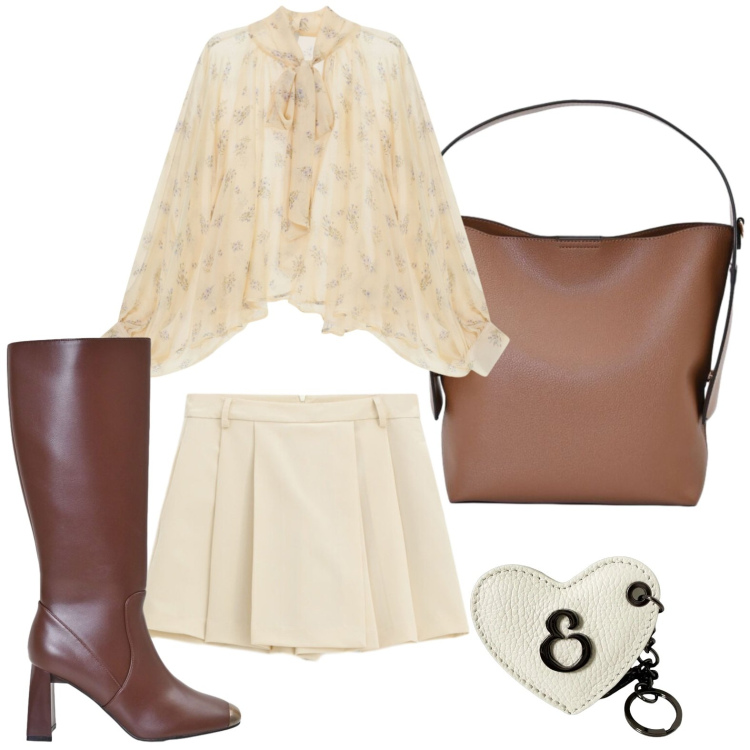 Outfit donna - Blusa ampia floreale. Stile Glamour per Serata fuori. Abbinamento con shorts, bluse, borse a mano, stivali sopra il ginocchio, portachiavi.