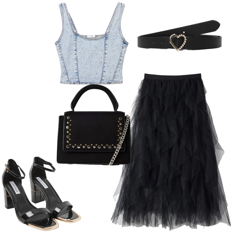 Outfit donna - Total look #2456494. Stile Rock per Serata fuori. Abbinamento con sabot, borse a tracolla, cinture, gonne lunghe, canottiere.