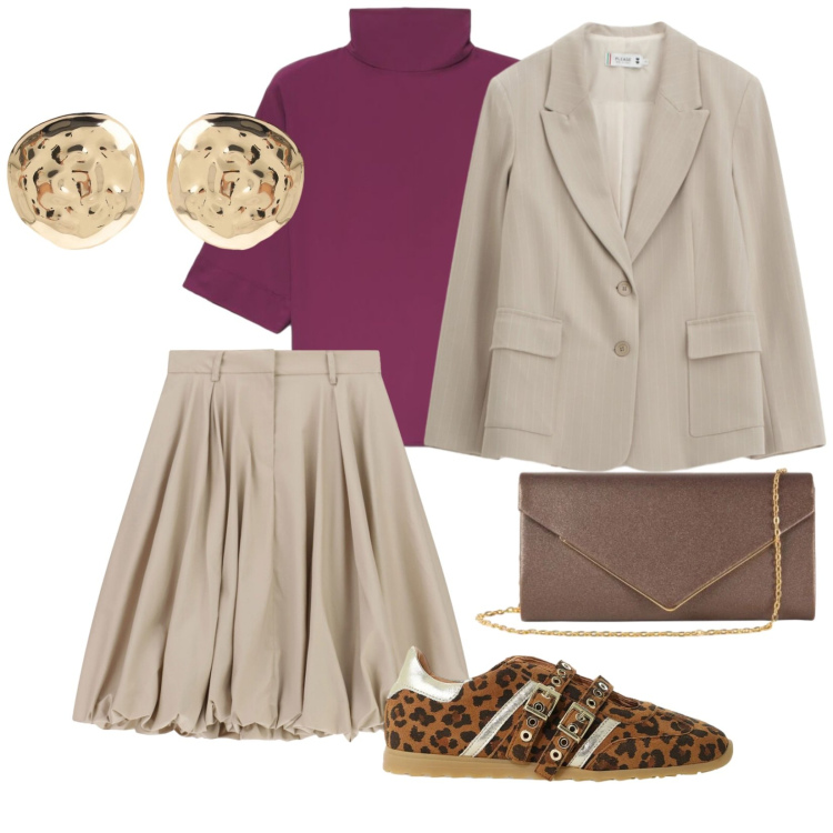 Outfit donna - Agosto. per Ufficio. Abbinamento con bluse, blazer, gonne longuette, sneakers, orecchini, clutch.