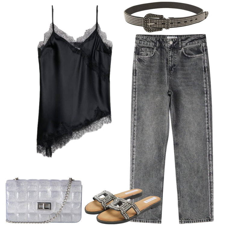 Outfit donna - Total look #2456499. Stile Glamour per Serata fuori. Abbinamento con cinture, borse a tracolla, jeans mom, ciabatte, canottiere.