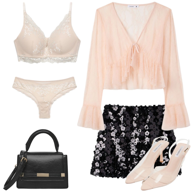 Outfit donna - Total look #2456504. Stile Glamour per Serata fuori. Abbinamento con reggiseni, sandali col tacco, bluse, minigonne, borse a spalla, culotte.