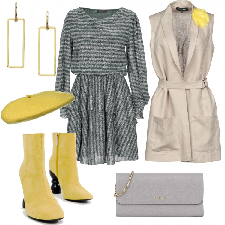 Outfit donna - Tocchi di giallo. Stile Trendy per Serata fuori. Abbinamento con vestito corto a ruota con arricciature a righe effetto laminato collo tondo a maniche lunghe interno foderato senza tasche jersey, soprabito, orecchini, stivaletti, berretto in in maglia taglia unica, portafoglio.