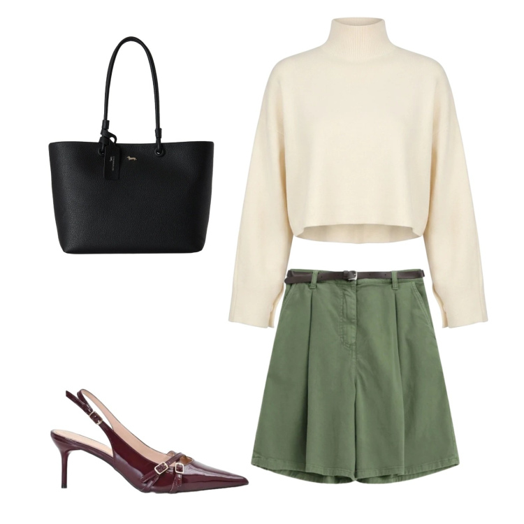 Outfit donna - Urban Safari Chic: L\'eleganza contempora. Stile Casual chic per Tutti i giorni. Abbinamento con shopping bag, décolleté, shorts, maglieria.