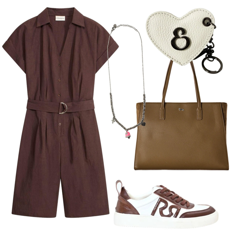 Outfit donna - Total look #2456515. Stile Minimal per Tutti i giorni. Abbinamento con tuta corta, shopping bag, sneakers, ciondoli, portachiavi.