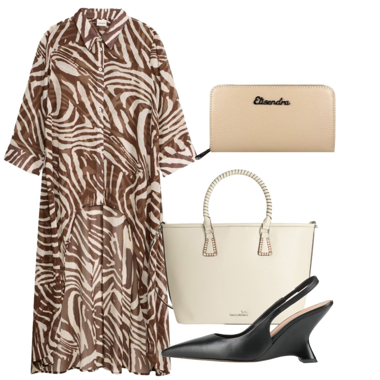 Outfit donna - Fine agosto. Stile Bon Ton per Ufficio. Abbinamento con décolleté, vestiti chemisier, shopping bag, portafogli.