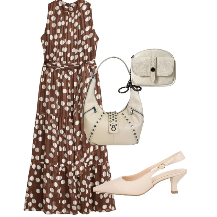 Outfit donna - Pois panna e cacao. Stile Chic per Tutti i giorni. Abbinamento con décolleté, vestiti, borse a spalla, portachiavi.