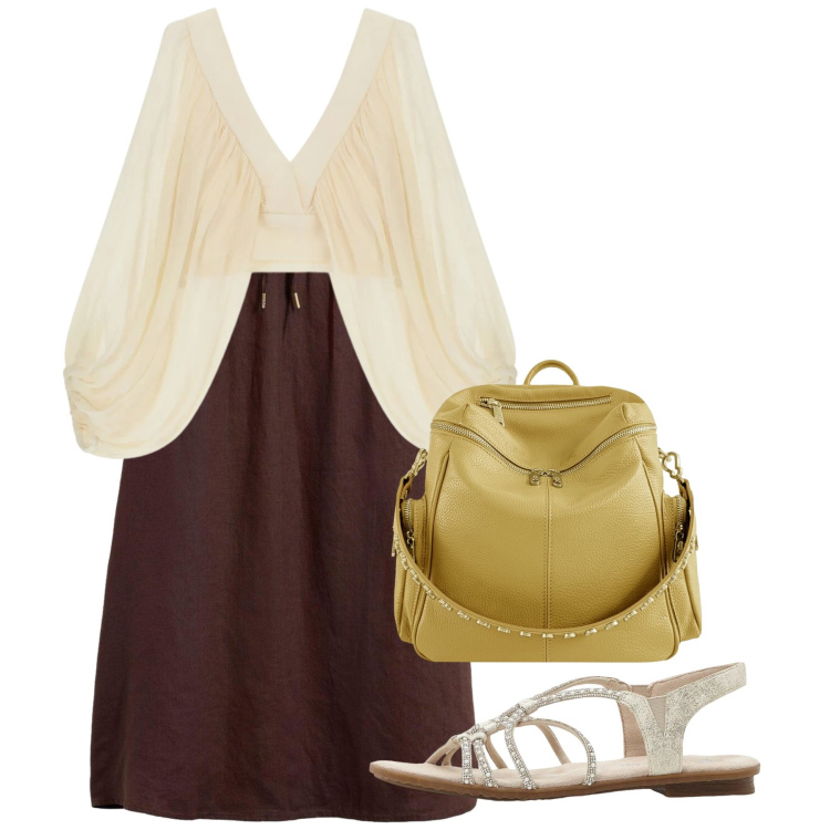 Outfit donna - Agosto. Stile Chic per Tutti i giorni. Abbinamento con sandali, gonne lunghe, top, zaini.