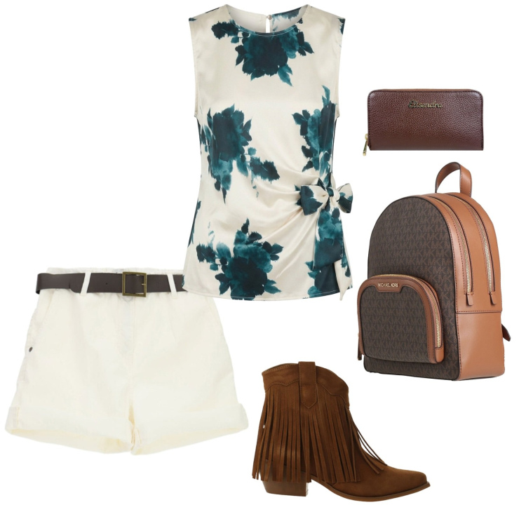 Outfit donna - Total look #2456526. Stile Trendy per Tutti i giorni. Abbinamento con zaini, stivaletti texani, shorts, portafogli, top.