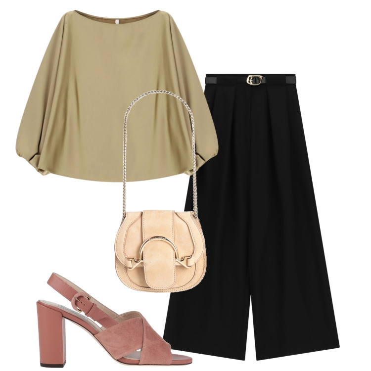 Outfit donna - Cena vista mare - Focus Donna Curvy Ital. Stile Chic per Serata fuori. Abbinamento con sandali in pelle, marsupi, pantaloni a palazzo, top.
