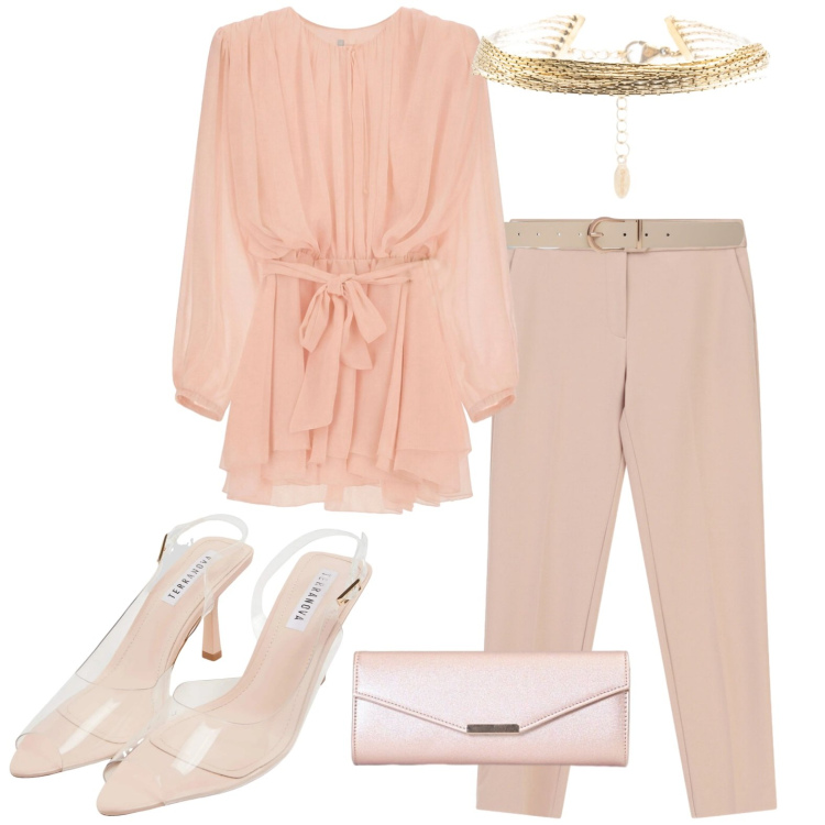 Outfit donna - Chic. Stile Chic per Serata fuori. Abbinamento con pantaloni, vestiti corti, sandali col tacco, cinture, clutch, braccialetti.