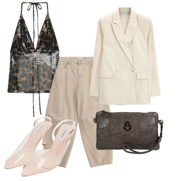 Outfit donna - Tocco chic. Stile Casual chic per Tutti i giorni. Abbinamento con blazer, sandali col tacco, top, jeans, pochette.