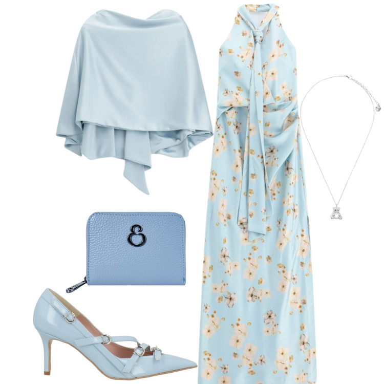 Outfit donna - Chic. Stile Chic per Serata fuori. Abbinamento con décolleté, vestiti lunghi, scialli, ciondoli, portafogli.