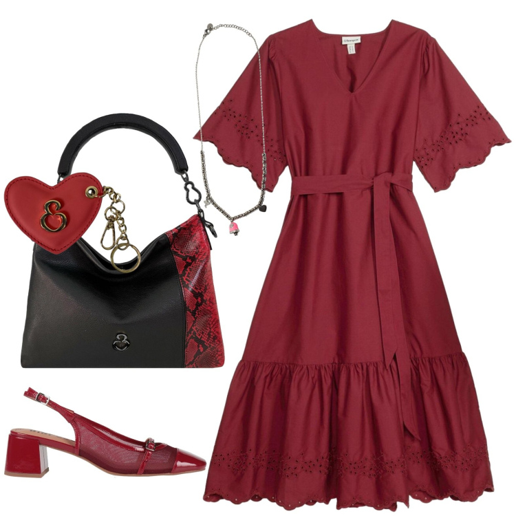 Outfit donna - Città. Stile Casual per Tutti i giorni. Abbinamento con décolleté, vestiti midi/longuette, ciondoli, borse a mano, portachiavi.