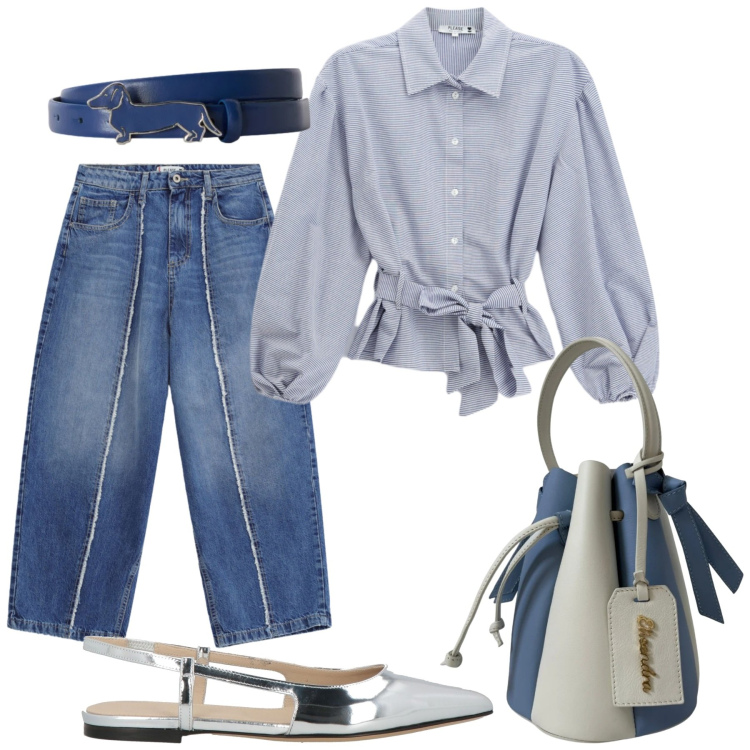 Outfit donna - Total look #2456590. Stile Trendy per Ufficio. Abbinamento con ballerine, jeans dritti, camicie, cinture, borse a secchiello.