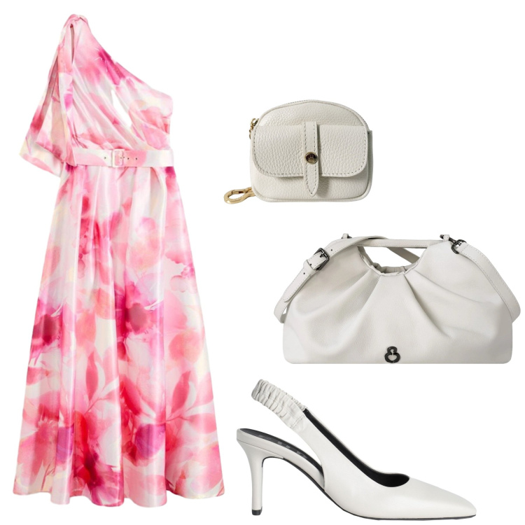 Outfit donna - Total look #2456593. Stile Chic per Cerimonia. Abbinamento con décolleté, vestiti asimmetrici, clutch, portachiavi.