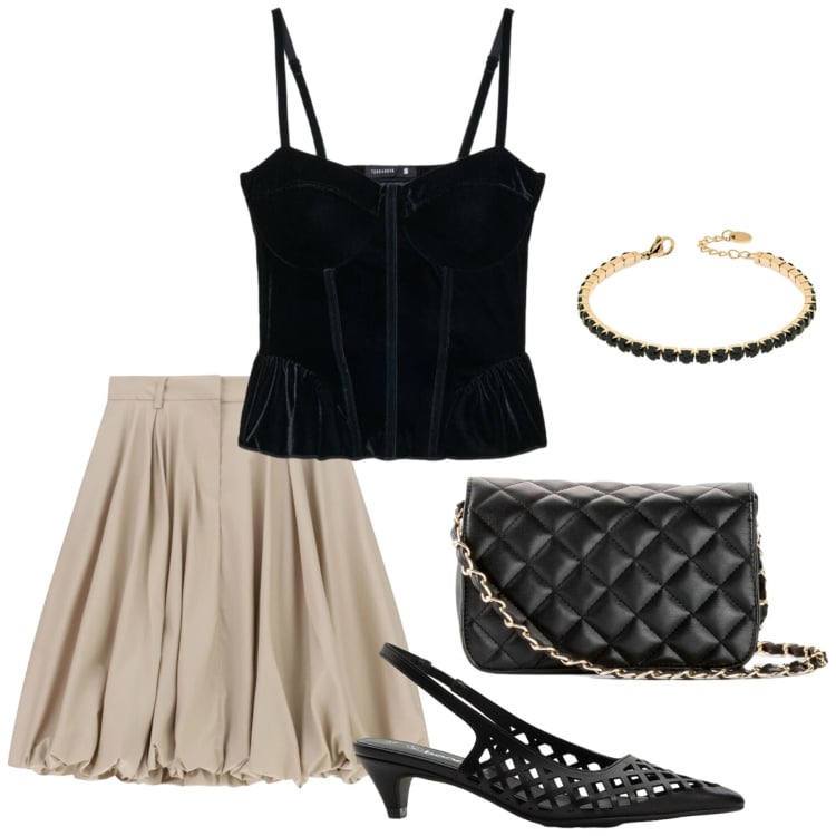 Outfit donna - Total look #2456594. Stile Bon Ton per Serata fuori. Abbinamento con borse a tracolla, décolleté, gonne longuette, top, braccialetti.