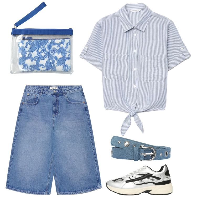 Outfit donna - Verona. Stile Basic per Tutti i giorni. Abbinamento con camicie a manica corta, cinture, sneakers, pochette, pantaloni corti.