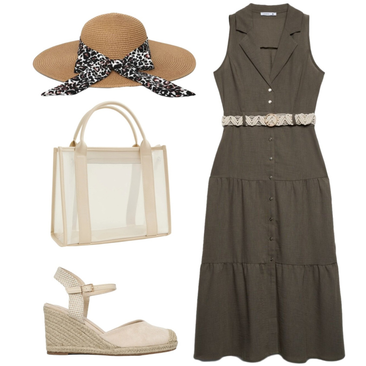 Outfit donna - Firenze. Stile Casual per Tutti i giorni. Abbinamento con vestiti chemisier, cappelli, borse tote, zeppe.