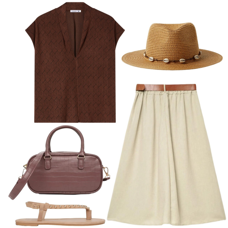 Outfit donna - Venezia. Stile Casual per Tutti i giorni. Abbinamento con gonne lunghe, bluse, cappelli, ciabatte, borse a tracolla.