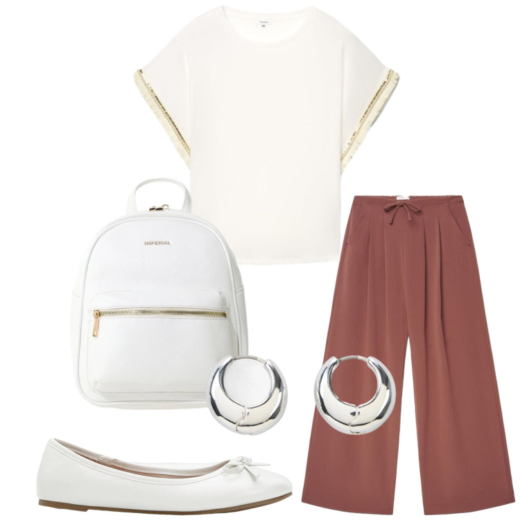 Outfit donna - Total look #2456620. Stile Basic per Tutti i giorni. Abbinamento con orecchini, ballerine, t-shirt, pantaloni, zaini.