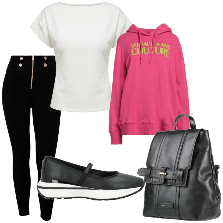 Outfit donna - Total look #2456624. Stile Sporty chic per Sport. Abbinamento con ballerine, zaini, felpe con cappuccio, t-shirt, pantaloni skinny.