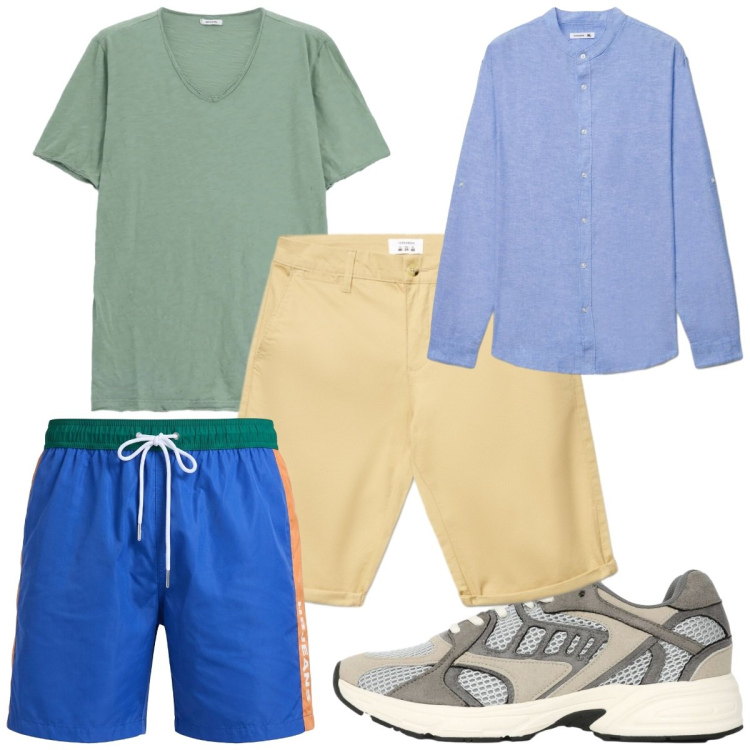 Outfit uomo - Total look #2456626. Stile Trendy per Mare. Abbinamento con costumi, t-shirt, camicie, shorts, sneakers.