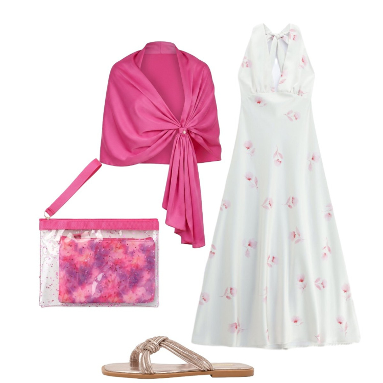Outfit donna - Ultime serate al mare. Stile Glamour per Serata fuori. Abbinamento con pochette, sandali, stole, vestiti lunghi.