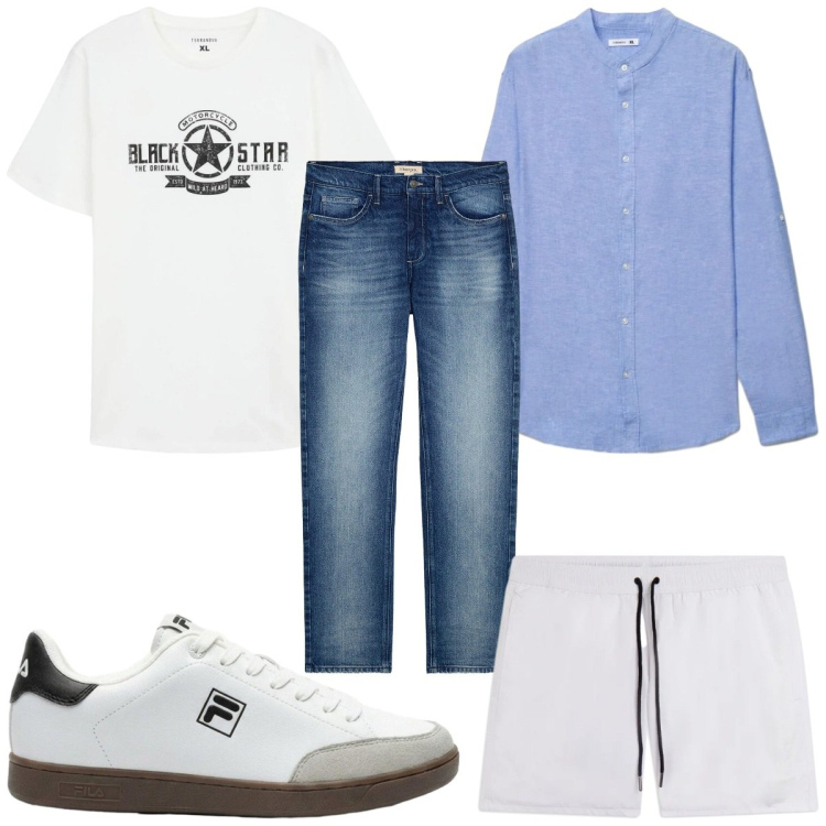 Outfit uomo - Total look #2456631. Stile Trendy per Mare. Abbinamento con jeans dritti, sneakers, t-shirt, camicie, costumi.