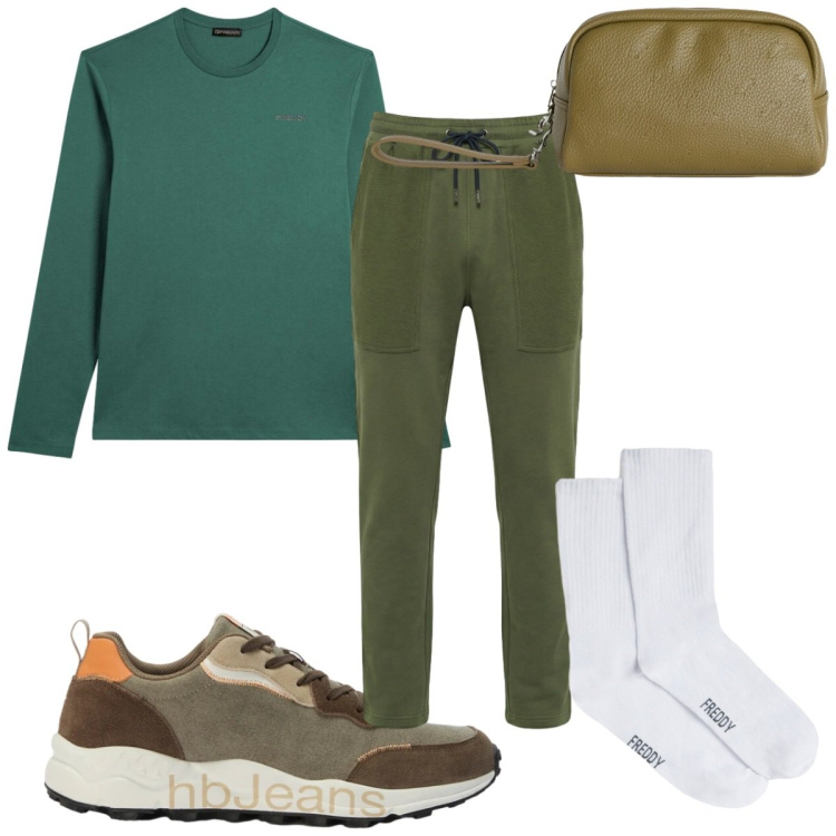 Outfit uomo - Total look #2456635. Stile Trendy per Sport. Abbinamento con borse sportive, pantaloni, sneakers, t-shirt, calzini.
