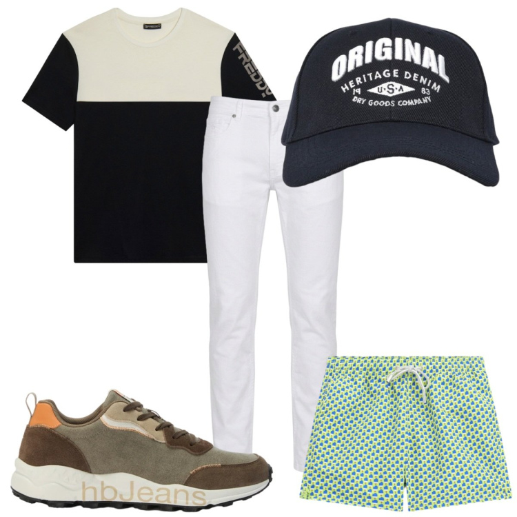 Outfit uomo - Total look #2456636. Stile Trendy per Mare. Abbinamento con pantaloni, sneakers, costumi, cappelli con visiera, t-shirt.