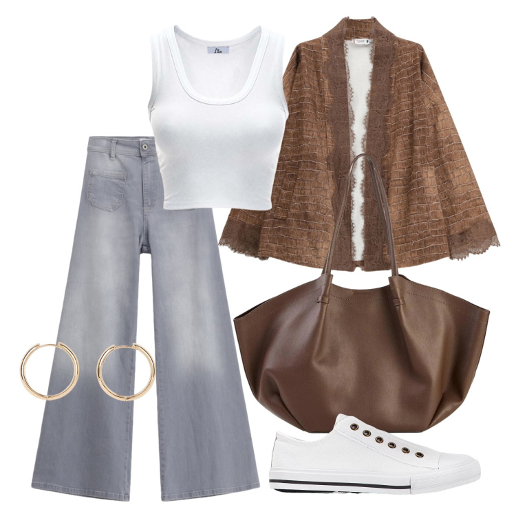 Outfit donna - Agosto. Stile Casual chic per Tutti i giorni. Abbinamento con shopping bag, orecchini, sneakers, canottiere, cappotti, jeans.