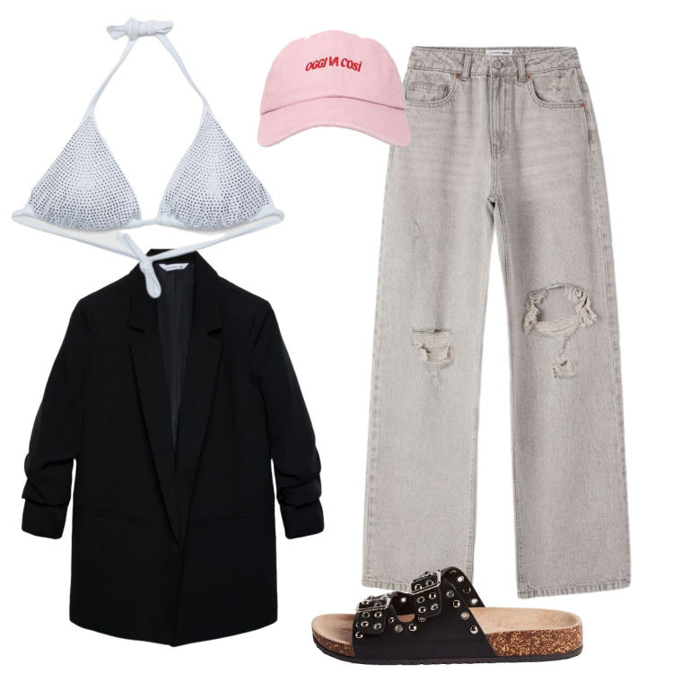 Outfit donna - Estate infinita. Stile Casual per Serata fuori. Abbinamento con blazer, jeans strappati, ciabatte, cappelli con visiera, bikini.
