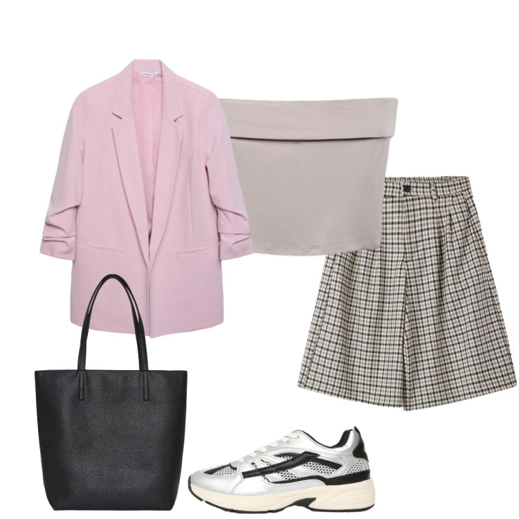 Outfit donna - Il mio look di fine agosto. Stile Glamour per Tutti i giorni. Abbinamento con blazer, bermuda, sneakers, top, borse tote.