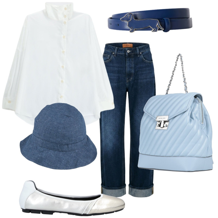 Outfit donna - Chic in jeans. Stile Casual chic per Tutti i giorni. Abbinamento con zaini, cappelli, ballerine, cinture, camicie, jeans dritti.