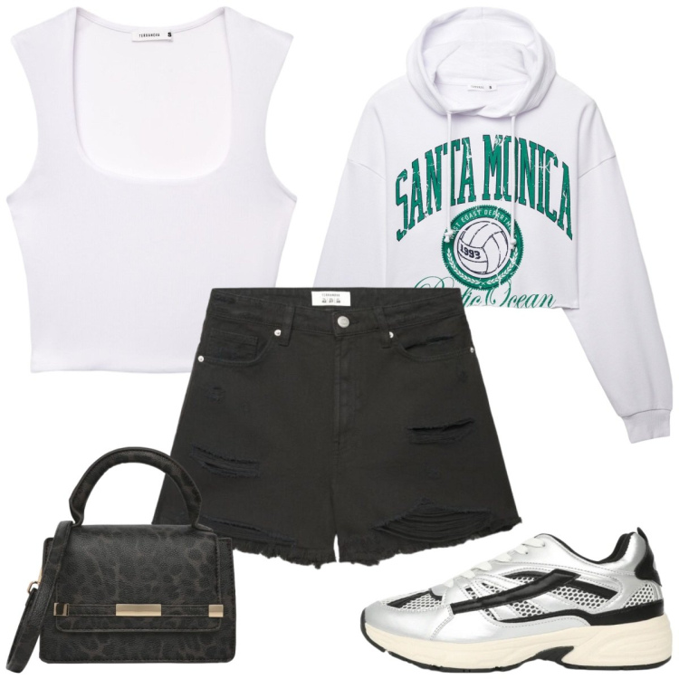 Outfit donna - Sportiva al rientro. Stile Sporty chic per Tutti i giorni. Abbinamento con sneakers, top, shorts, felpe con cappuccio, borse a tracolla.