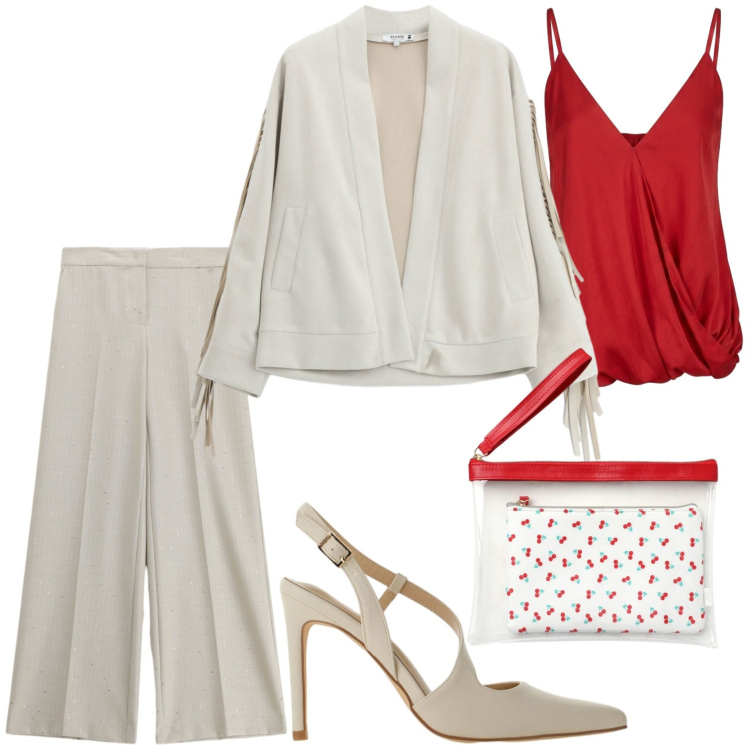 Outfit donna - Borsa mini a pois. Stile Casual per Tutti i giorni. Abbinamento con décolleté, pochette, blazer, pantaloni a palazzo, top.